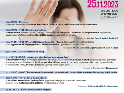 Plakat przedstawia informację o Konferencji „Za ścianą” pod patronatem Prezydenta Miasta Rybnika, które odbędzie się 25 listopada (sobota) 2023 roku o godz. 10:00 – 16:00