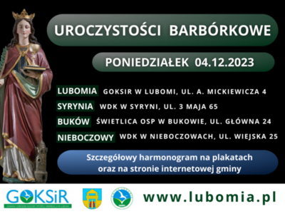 Zdjęcie przedstawia informację o uroczystościach barbórkowych, które odbędą się 4 grudnia 2023 w sołectwach gminy Lubomia