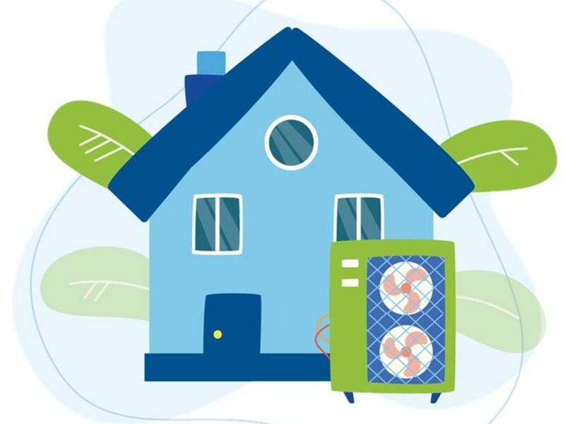 Zdjęcie przedstawia ilustrację domu z pompą ciepła