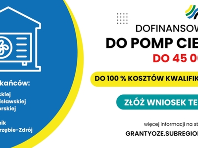 Zdjęcie przedstawia informację o dofinansowaniu do pomp ciepła do 45 000 zł. Więcej informacji na temat grantów oraz składania wniosków można uzyskać na stronie grantyoze.subregion.pl