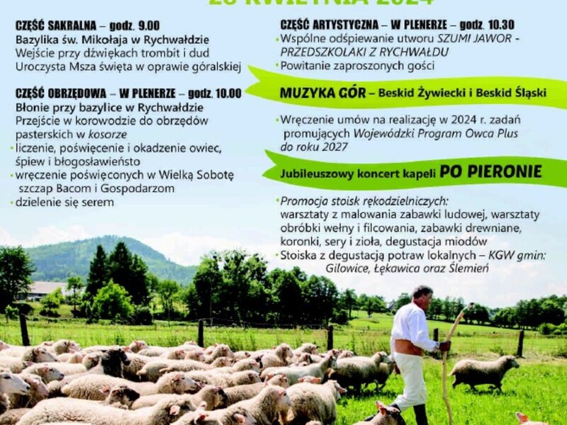 Zdjęcie przedstawia informację o rozpoczęciu sezonu pasterskiego w województwie śląskim. Wydarzenie odbędzie się 28 kwietnia 2024 roku w sanktuarium Matki Bożej Rychwałdzkiej w Rychwałdzie. O godzinie 9.00 w bazylice św. Mikołaja rozpocznie się góralska msza święta.
