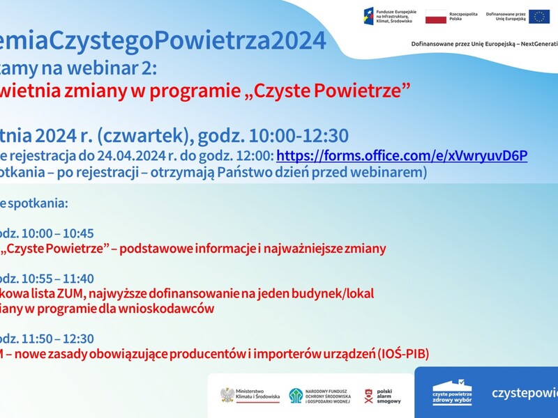 Zdjęcie przedstawia informacje o programie Akademia Czystego Powietrza - zaproszenie - webinar 2, który odbędzie się 25 kwietnia 2024 roku