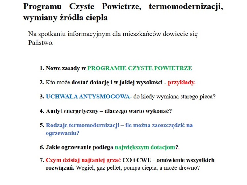 Zdjęcie przedstawia informacje o spotkaniu dotyczącym Programu Czyste Powietrze, termomodernizacji, wymiany źródła ciepła, które odbędzie się 9 lipca 2024 roku w GOKSiR Lubomia o godzinie 18.00