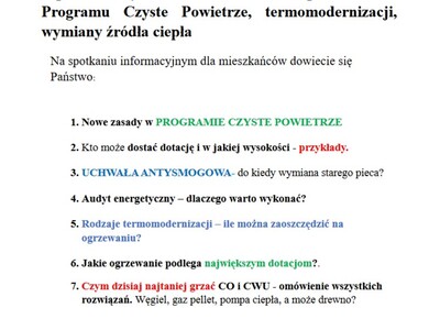 Zdjęcie przedstawia informacje o spotkaniu dotyczącym Programu Czyste Powietrze, termomodernizacji, wymiany źródła ciepła, które odbędzie się 9 lipca 2024 roku w GOKSiR Lubomia o godzinie 18.00