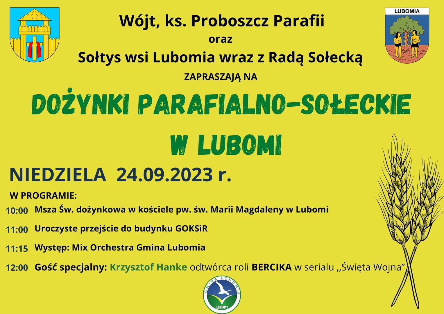 Plakat przedstawia informacje o Dożynkach Sołeckich w Lubomi, które odbędą się 24.09.2023 roku w Lubomi.