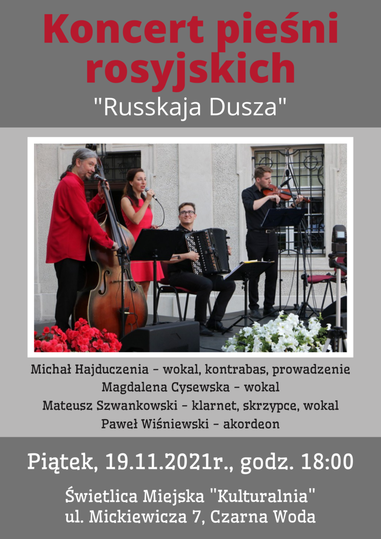 Zdjęcie przedstawia zespół muzyczny oraz informacje o koncercie 