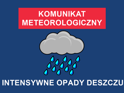 W górnej części napis: &amp;quot;Komunikat meteorologiczny&amp;quot;, pod nim grafika z chmurą i padającym deszczem, pod nią napis: &amp;quot;Intensywne opady deszczu&amp;quot;