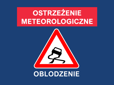 Napis o treści "Ostrzeżenie meteorologiczne", pod nim grafika i napis: "Oblodzenie"