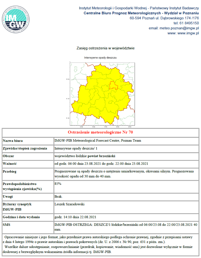 Treść ostrzeżenia meteorologicznego nr 70