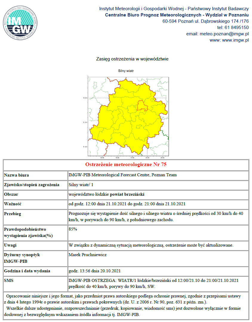 Instytut Meteorologii i Gospodarki Wodnej ostrzega: silny WIATR na terenie powiatu brzezińskiego, w dniu 21 października 2021.