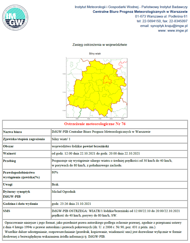 Instytut Meteorologii i Gospodarki Wodnej ostrzega: silny WIATR na terenie powiatu brzezińskiego, w dniu 21 października 2021.