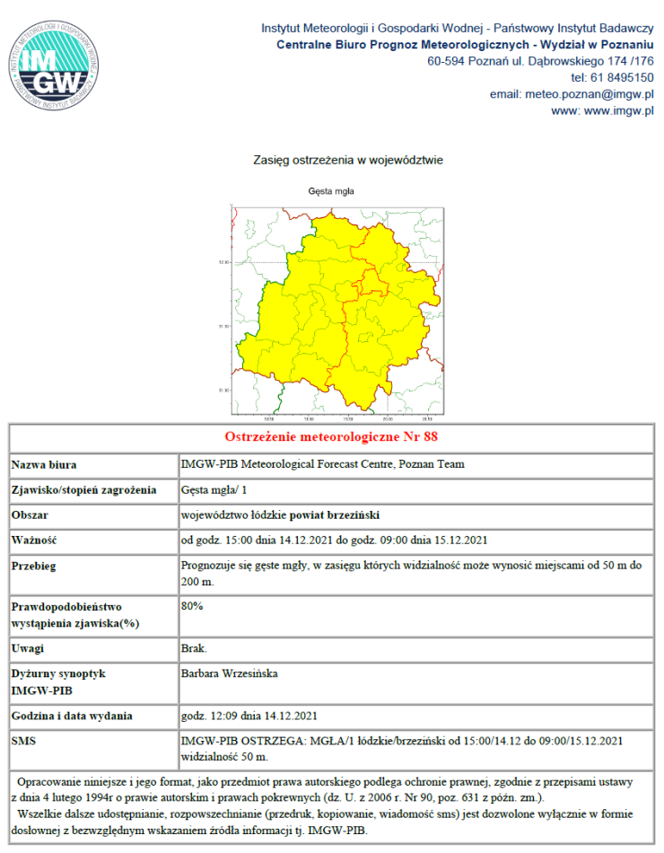Treść ostrzeżenia meteorologicznego nr 88