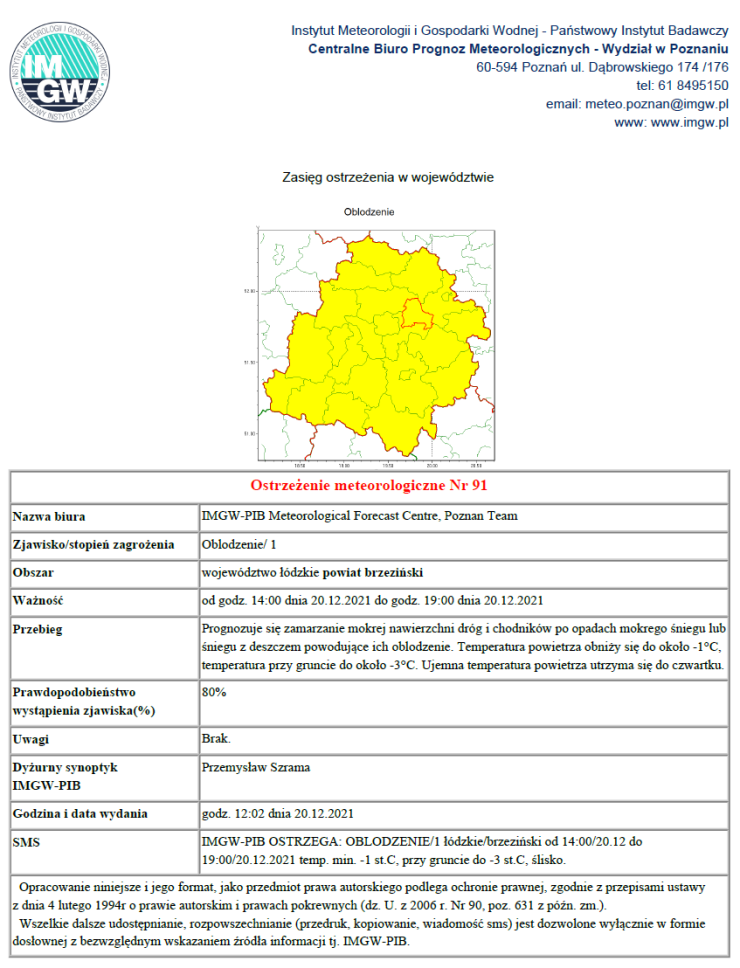 Treść ostrzeżenia meteorologicznego Nr 91