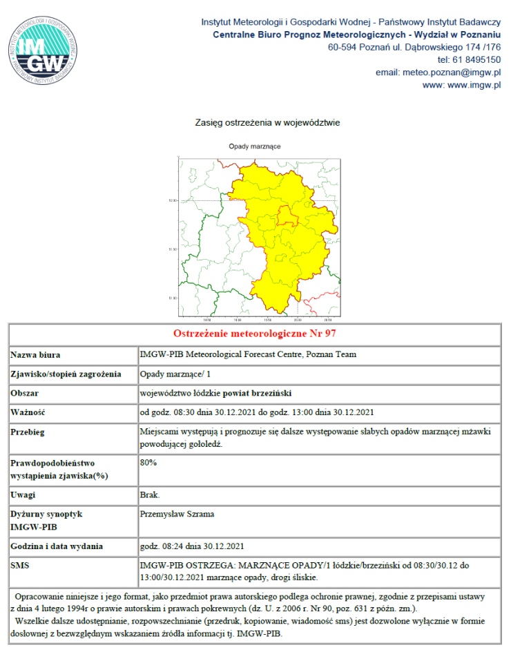 Treść ostrzeżenia meteorologicznego Nr 97 - opady marznące