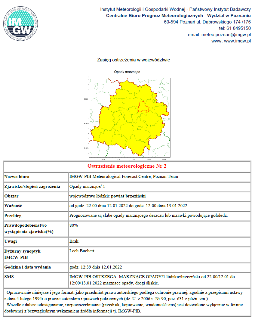 Treść Ostrzeżenia meteorologicznego Nr 2