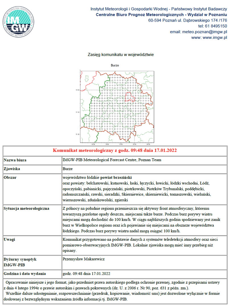 Treść komunikatu meteorologicznego z godz. 09:48 dnia 17.01.2022