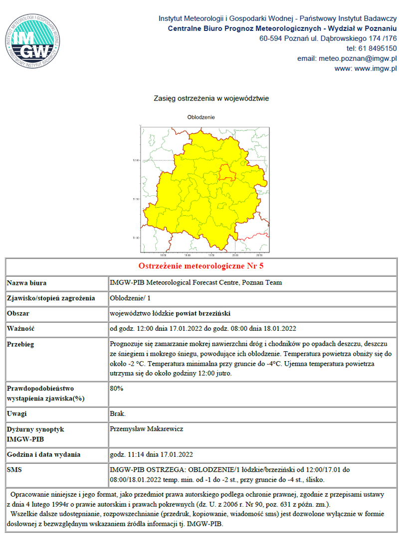Treść ostrzeżenia meteorologicznego Nr 5 - oblodzenie