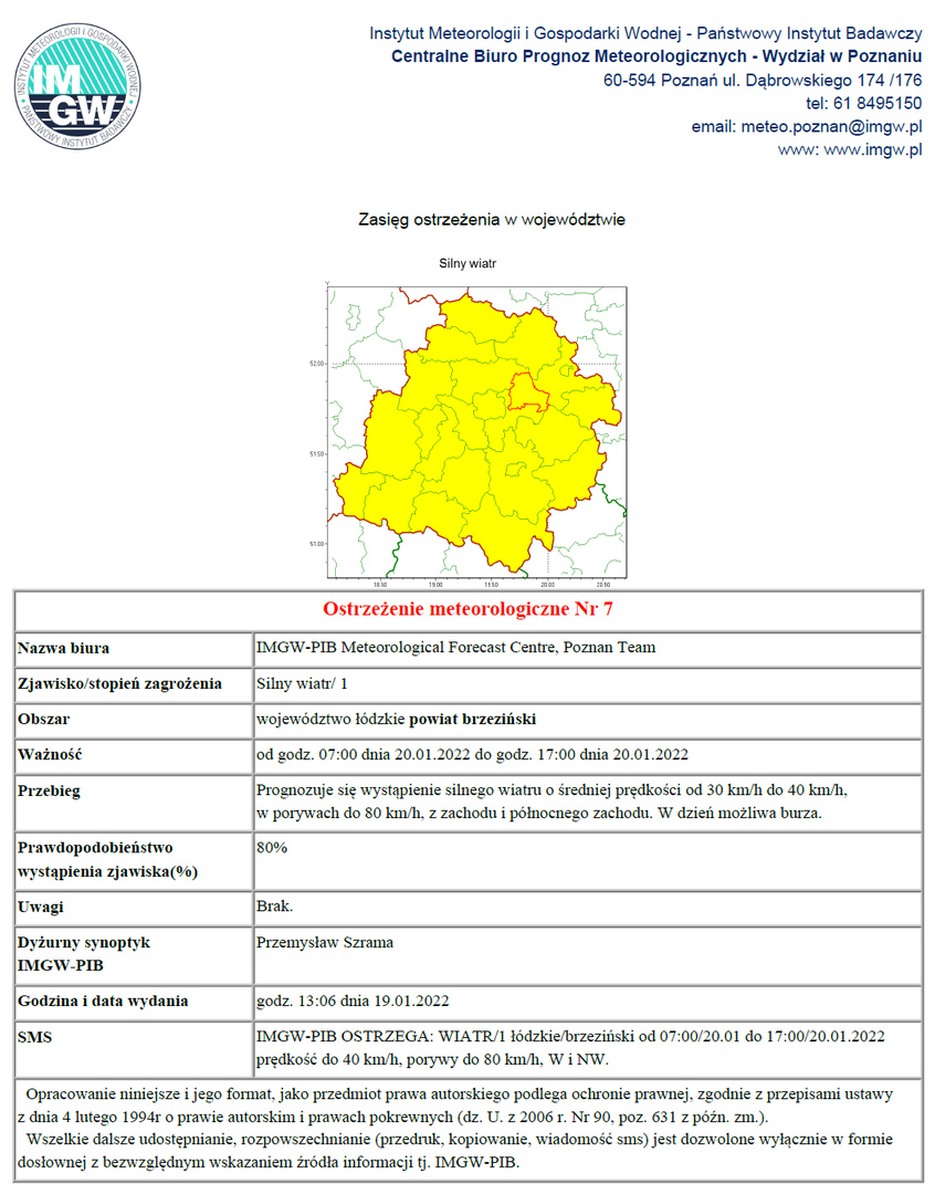 Treść ostrzeżenia meteorologicznego Nr 7 - silny wiatr
