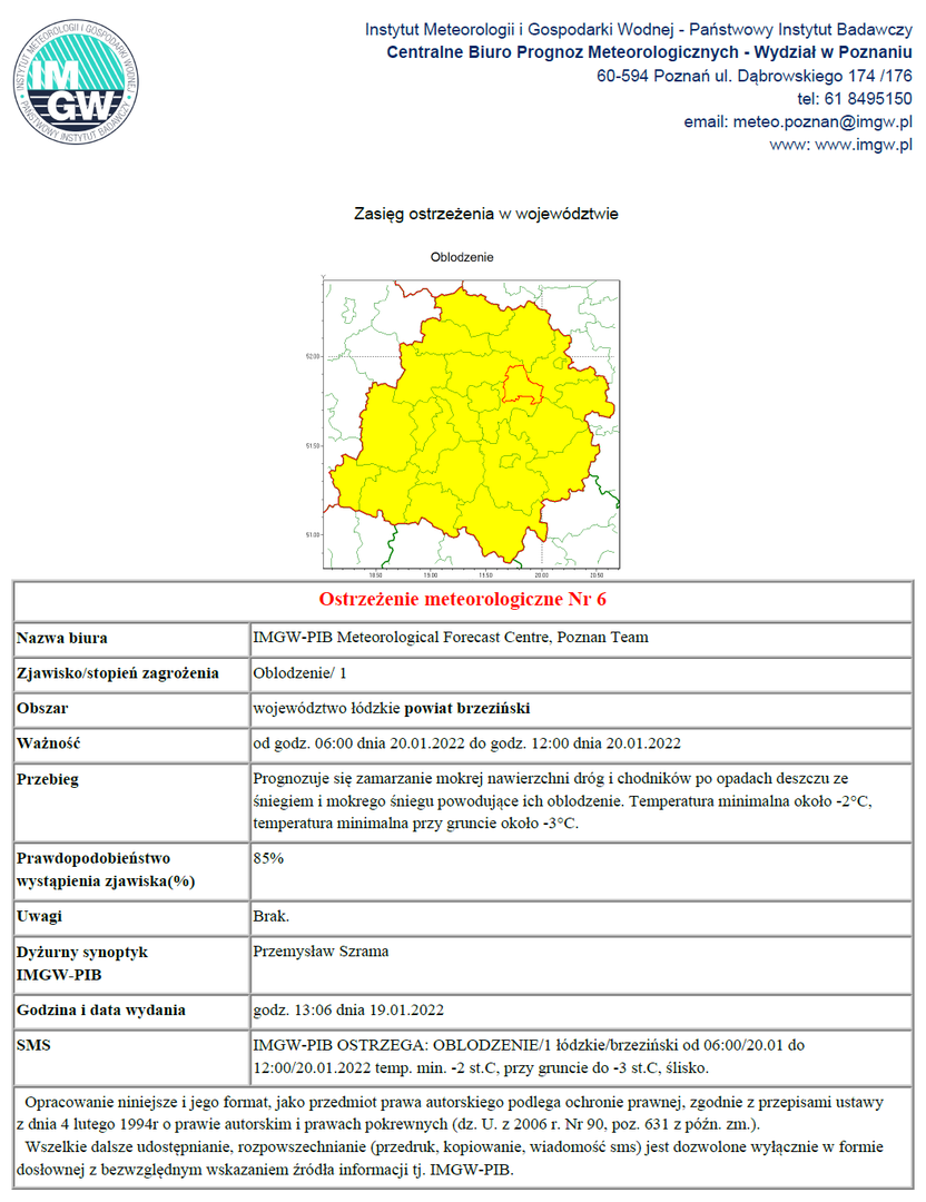 Treść ostrzeżenia meteorologicznego Nr 6 - oblodzenie