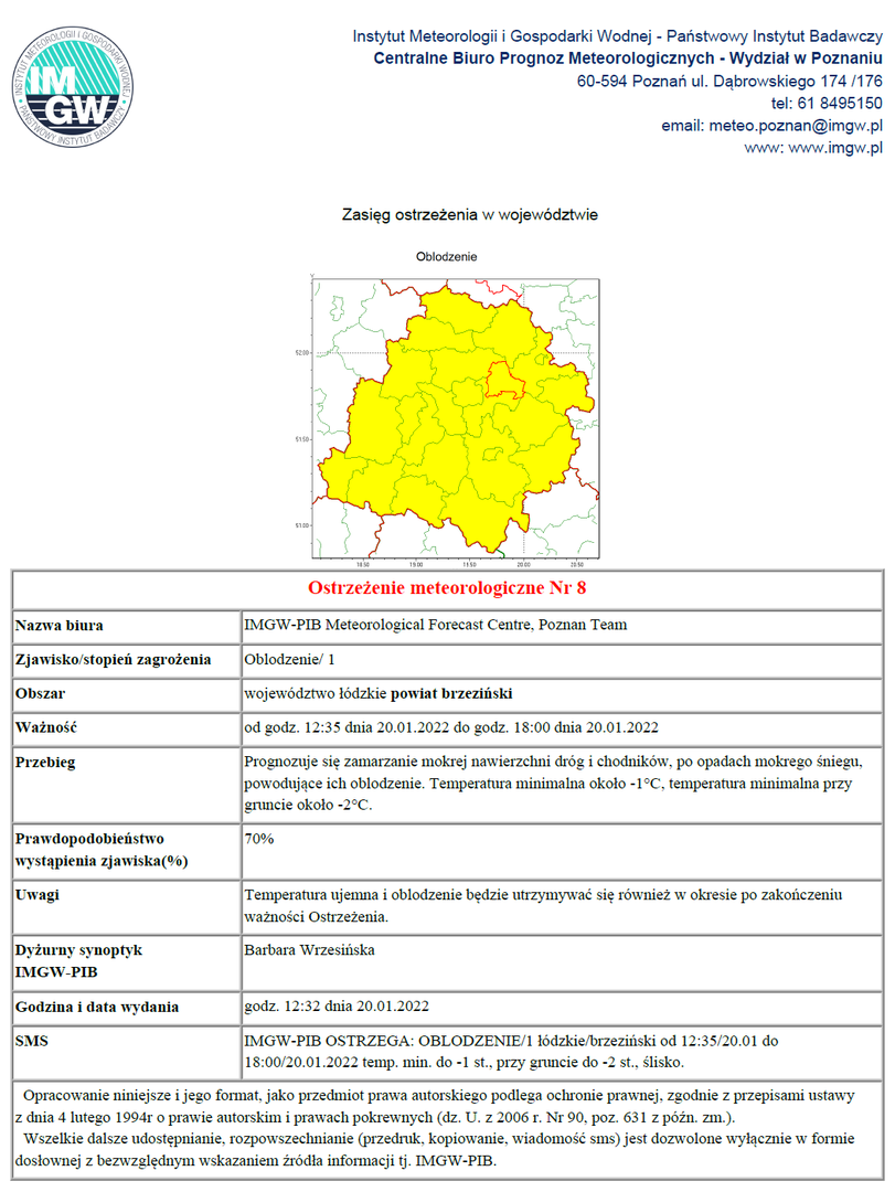 Treść strzeżenia meteorologicznego Nr 8 - oblodzenie