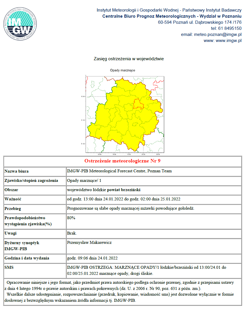 Treść ostrzeżenia meteorologicznego Nr 9 - opady marznące