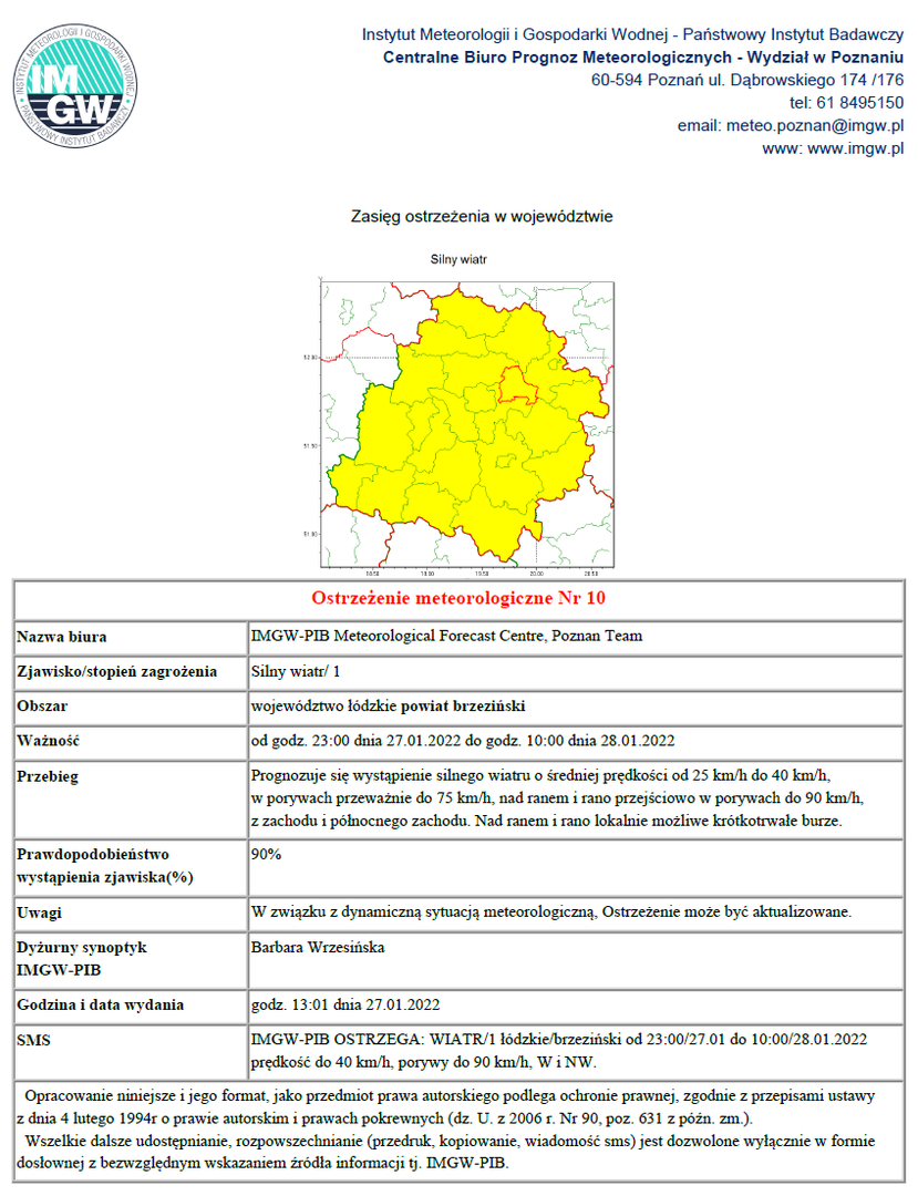 Treść Ostrzeżenia meteorologicznego Nr 10 - silny wiatr