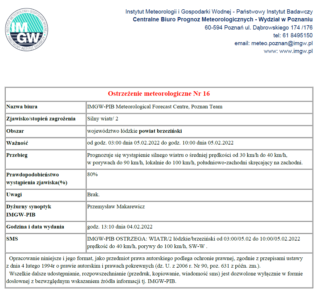 Treść ostrzeżenia meteorologicznego Nr 16