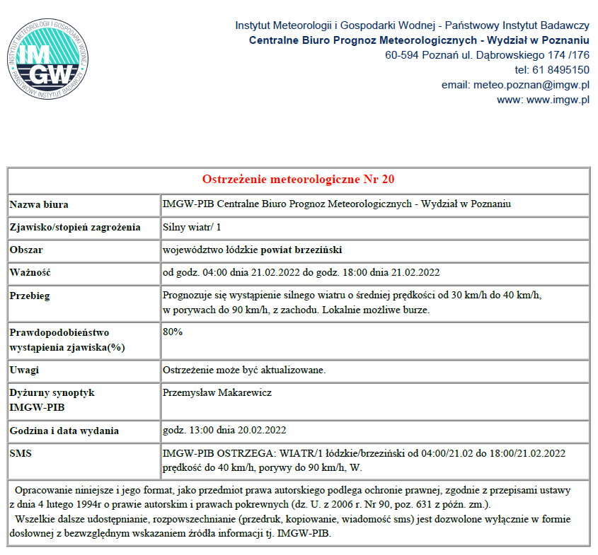 Treść Ostrzeżenia meteorologicznego Nr 20