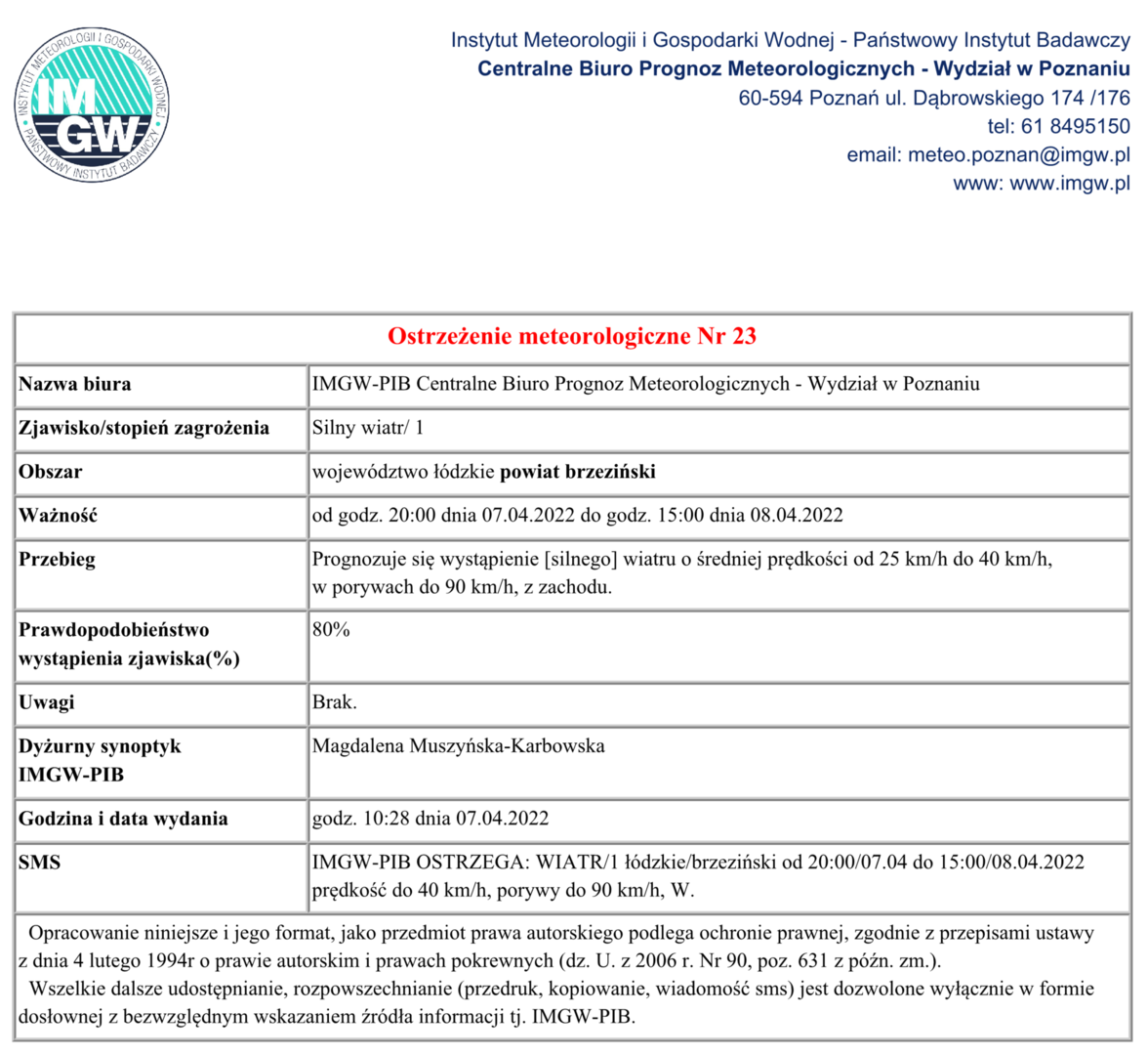 Treść ostrzeżenia meteorologicznego Nr 23