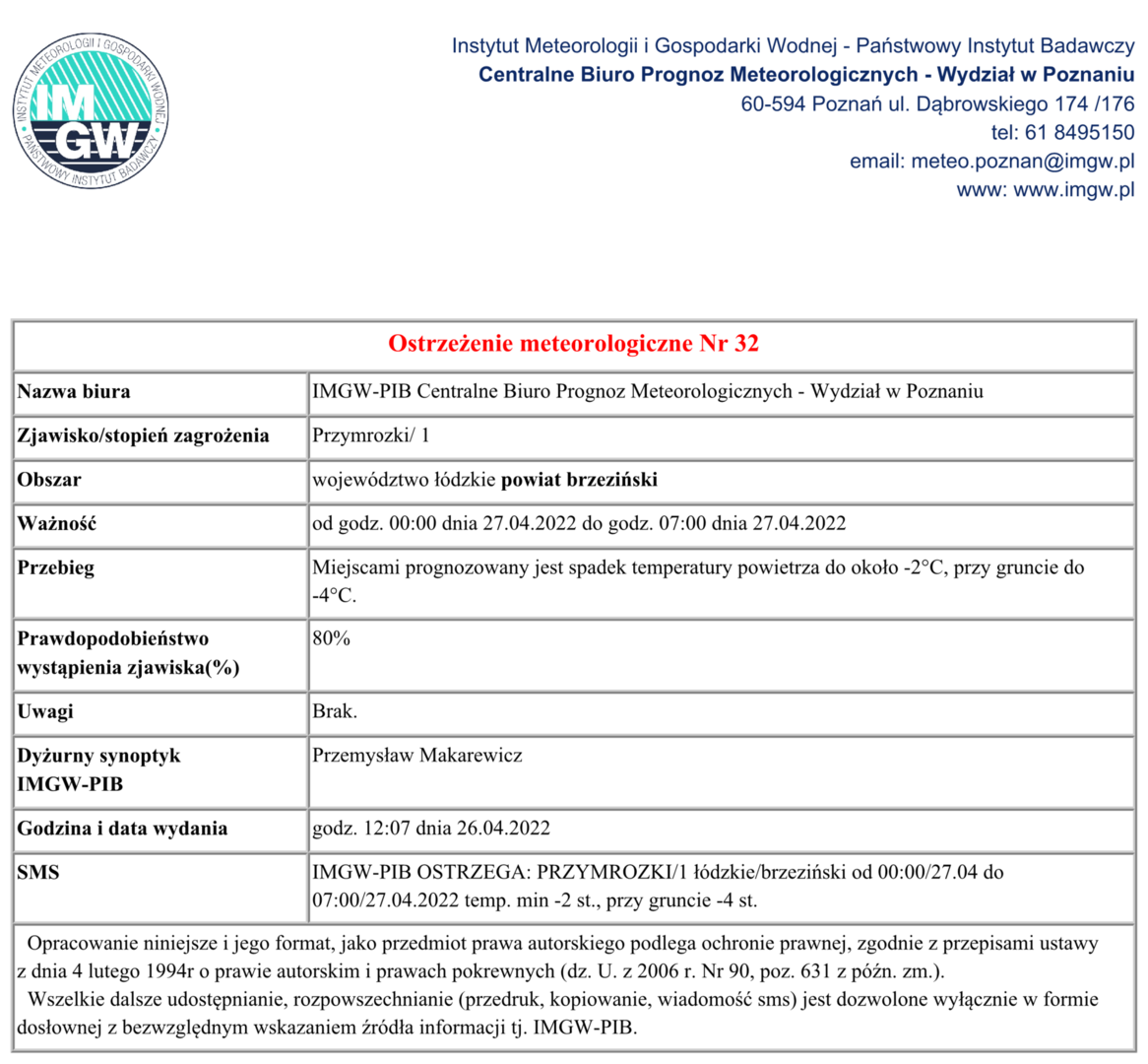 PRZYMROZKI, Powiat Brzeziński od 00:00/27.04 do 07:00/27.04.2022 temp. min -2 st., przy gruncie -4 st.