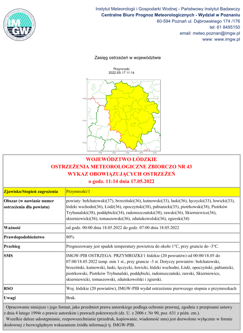 Zjawisko: Przymrozki, Obszar: woj. łódzkie, Ważność: od godz. 00:00 dnia 18.05.2022 do godz. 07:00 dnia 18.05.2022, Prawdopodobieństwo: 80%