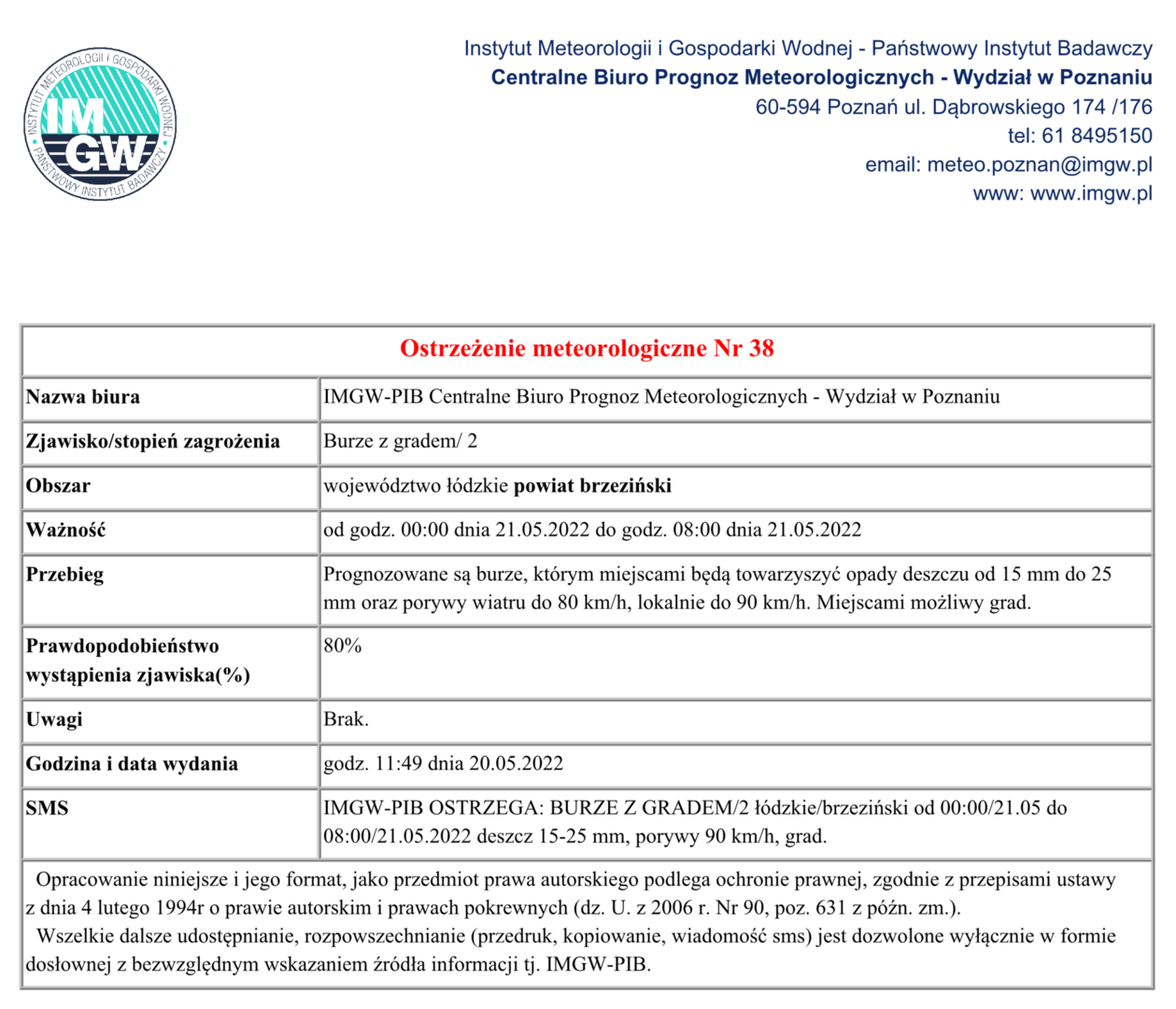 Burze z gradem, powiat: brzeziński, od godz. 00:00 w dniu 21 maja do godz. 08:00 w dniu 21 maja, deszcz 15-25 mm, porywy 90 km/h, grad