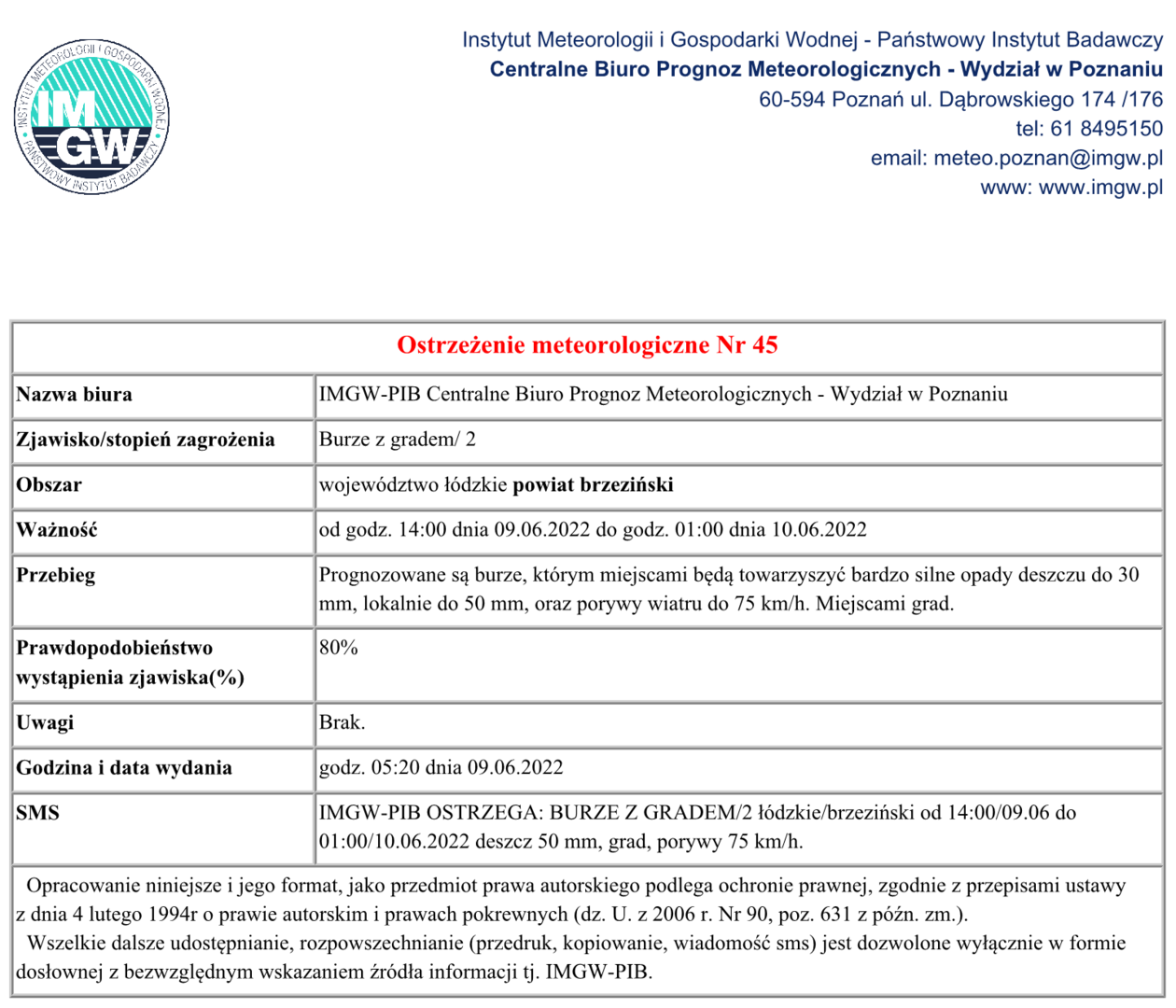 burze z gradem w powiecie brzezińskim. Od godz. 14:00 dnia 09.06.2022 do godz. 01:00 dnia 10.06.2022, deszcz 50 mm, grad, porywy wiatru 75 km/h