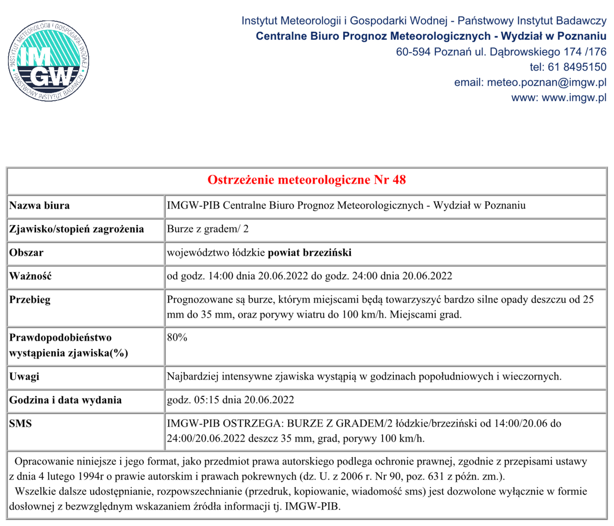 Burze z gradem, powiat brzeziński od godz. 14:00 do godz. 24:00 w dniu 20 czerwca 2022 r., deszcz 35 mm, grad, porywy wiatru do 100 km/h.