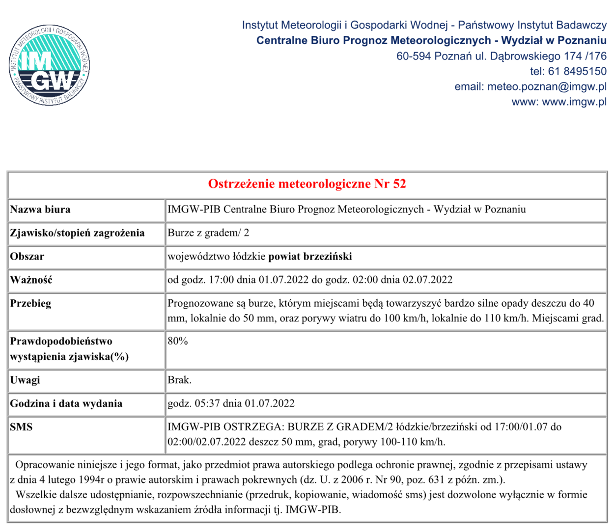 Burze z gradem - powiat brzeziński, od godz. 17:00 dn. 01.07.2022 r. do godz. 02:00 dn. 02.07.2022 r., deszcz 50 mm, grad, porywy wiatru 100-110 km/h