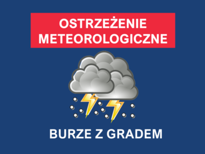 Napis na czerwonym tle o treści "Ostrzeżenie meteorologiczne", pod nim grafika z chmurą z piorunami i gradem, pod nią napis: "Burze z gradem"