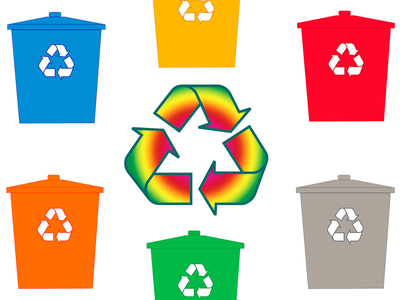 Infografika: Znak recyklingu otoczony sześcioma kolorowymi kontenerami na śmieci