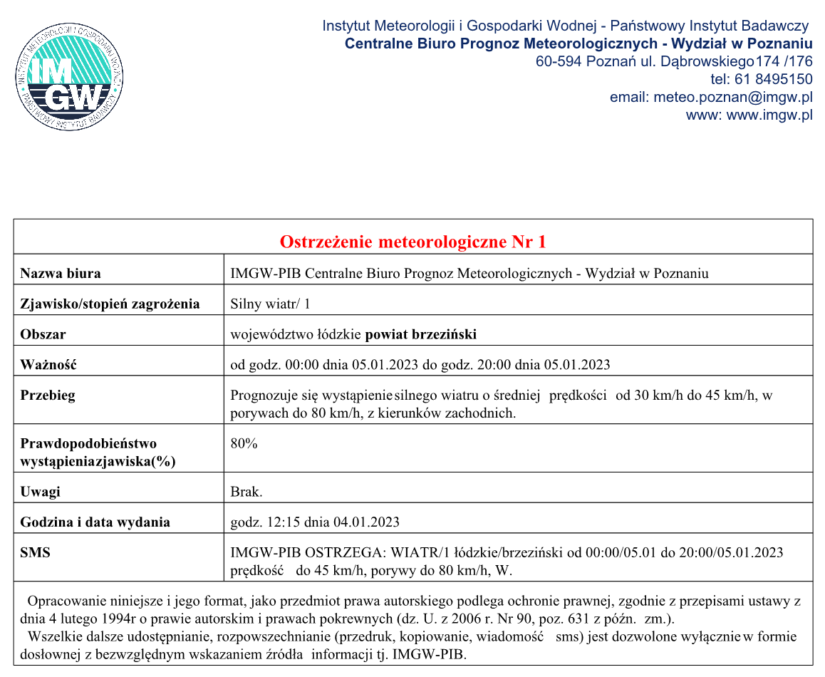 Silny wiatr, powiat brzeziński; od godz. 00:00 w dniu 05.01 do godz. 20:00 w dniu 05.01.2023, prędkość do 45 km/h, porywy do 80 km/h