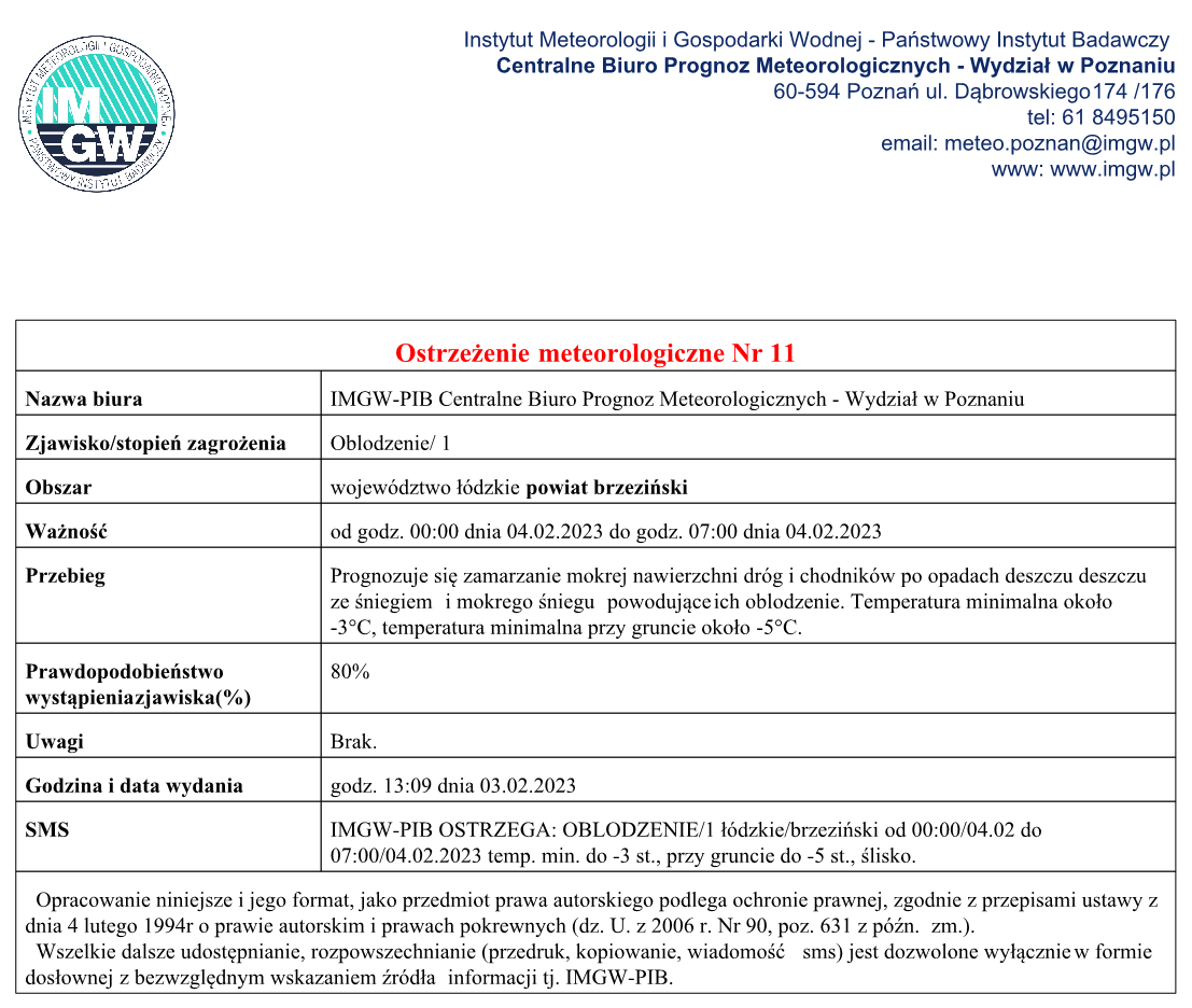 Oblodzenie, woj. łódzkie, powiat brzeziński od godz. 00:00/04.02 do 07:00/04.02.2023, temp. min. do -3 st., przy gruncie do -5 st., ślisko