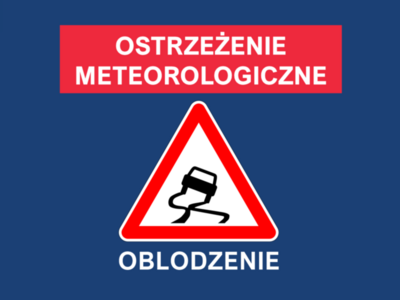 Napis na czerwonym tle o treści "Ostrzeżenie meteorologiczne", pod nim grafika ze znakiem drogowym,