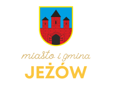 Herb Jeżowa, pod nim napis: "Miasto i gmina Jeżów"