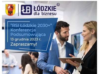 Kobieta i mężczyzna rozmawiają , kobieta trzyma tablet, na drugim planie odbywa się konferencja