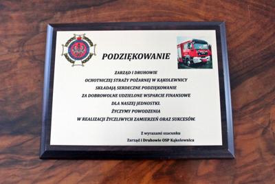 Podziękowanie OSP Kąkolewnica za wsparcie finansowe udzielone jednostce