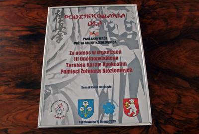 Podziękowanie dla wójta gminy Kąkolewnica - Anny Mróz za pomoc w organizacji III Ogólnopolskiego Turnieju Karate Kyokushin Pamięci Żołnierzy Niezłomnych - 2023
