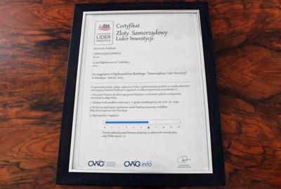Certyfikat Złoty Samorządowy Lider Inwestycji - 2023