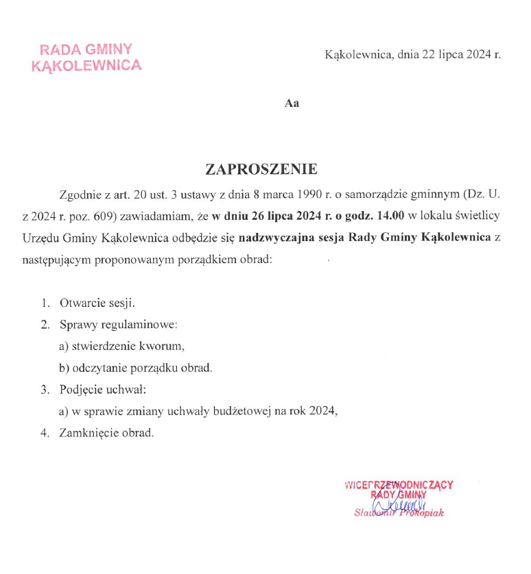 Zaproszenie na sesję Rady Gminy Kąkolewnica w dniu 26 lipca 2024 r. na godz. 14.00