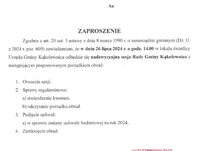 Zaproszenie na sesję Rady Gminy Kąkolewnica w dniu 26 lipca 2024 r. na godz. 14.00