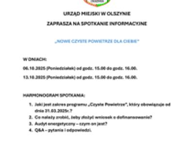 Urząd Miejski w Olszynie zaprasza na spotkanie informacyjne „nowe czyste powietrze dla ciebie”