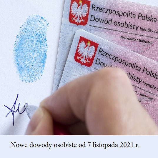 Zdjęcie przedstawia nowy dowód osobisty opatrzony odciskiem palca i podpisem.