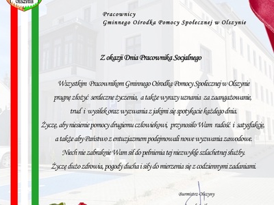 Życzenia dla Pracowników Gminnego Ośrodka Pomocy Społecznej w Olszynie.